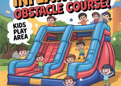 Hondaya | Colorful illustrated poster for a kids’ play area featuring a giant inflatable obstacle course at Honda-ya Tustin. The image shows smiling cartoon children playing and sliding on a large red and blue inflatable slide under lantern decorations. The text reads: “Giant Inflatable Obstacle Course! Kids Play Area. Ages 3–12. $10 for unlimited play! Play all day long! September 7th at Honda-ya Tustin.” The Honda-ya logo appears in the corner, and the poster encourages families to bring their children for all-day fun.
