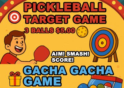Hondaya | Colorful illustrated poster promoting two festival games: “Pickleball Target Game” and “Gacha Gacha Game.” The top section shows a cartoon man hitting a pickleball paddle toward a colorful target, with text reading “3 Balls $5.00” and “Aim! Smash! Score!” The bottom section features a red and blue capsule toy machine with small balls and prices listed: “Regular Gacha – 1 Spin $5.00” and “Big Gacha – 1 Spin $10.00.” The design includes bright colors, stars, and the Honda-ya restaurant logo in the corner, evoking a fun Japanese festival atmosphere.