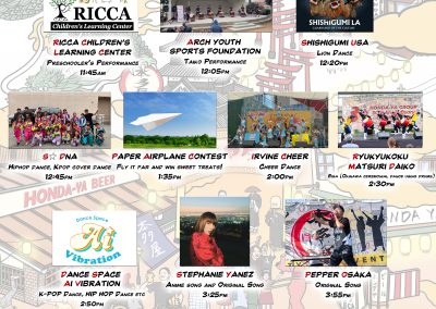Hondaya | Poster titled “Stage Performance List” for the Honda-ya community event, showing the schedule of live performances throughout the day. The background features Japanese festival artwork with lanterns and people in yukata. Performances include: RICCA Children’s Learning Center preschool show at 11:45 AM, Arch Youth Sports Foundation Taiko drumming at 12:05 PM, Shishigumi USA lion dance at 12:20 PM, S☆DNA hip-hop and K-pop dance at 12:45 PM, Paper Airplane Contest at 1:35 PM, Irvine Cheer dance team at 2:00 PM, Ryukyukoku Matsuri Daiko Okinawan Eisa dance at 2:30 PM, Dance Space AI Vibration K-pop and hip-hop dance at 2:50 PM, singer Stephanie Yanez performing anime and original songs at 3:25 PM, Pepper Osaka live performance at 3:55 PM, Honda-ya Talent Show with $500 prize at 4:25 PM, Kawachi Ondo x Mikoshi traditional dance collaboration at 5:30 PM, Yoyoka Family Band live rock set at 6:15 PM, and The Grown Men Squad closing dance performance at 6:50 PM. The text notes that the schedule may change due to circumstances.