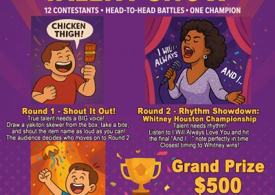 Hondaya | Illustrated event poster for “The Ultimate Honda-ya Talent Show,” featuring 12 contestants competing in head-to-head challenges. The poster shows colorful cartoon drawings of participants singing and playing games under a stage spotlight. Round 1, “Shout It Out,” has players shouting the name of a yakitori skewer as loud as they can; Round 2, “Rhythm Showdown: Whitney Houston Championship,” challenges contestants to match the final note of “I Will Always Love You.” The final round, “Lucky Draw: The Kusudama Smash,” lets the remaining contestants pull strings to open a hanging paper ball for victory. The grand prize is a $500 Honda-ya dining gift card. The event takes place Sunday, September 7th at 4:25 PM in the Honda-ya Tustin parking lot, 556 El Camino Real, Tustin, CA 92780. The poster includes a QR code to apply and notes only 12 spots available.