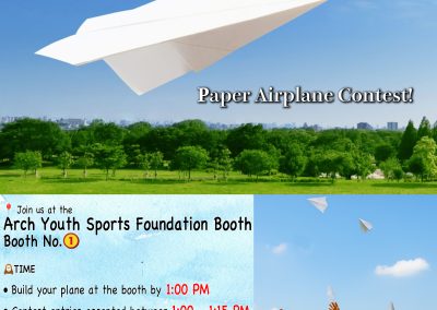 Hondaya | Poster for a “Paper Airplane Contest” titled “Fly into the Future,” with the Japanese phrase “飛ばそう、未来へ” meaning “Let’s fly to the future.” The image shows a large paper airplane flying across a blue sky above green fields, and a group of smiling children outdoors throwing their paper airplanes. The event is hosted by the Arch Youth Sports Foundation at Booth No. 1. Schedule details include: build your plane by 1:00 PM, entries accepted between 1:00–1:15 PM, and flights on stage at 1:35 PM. The poster encourages participation with the text “Free to participate!” and mentions that times may change on the event day.